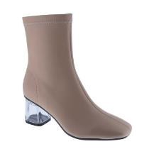 Look 020: taupe sock boot with clear block heel