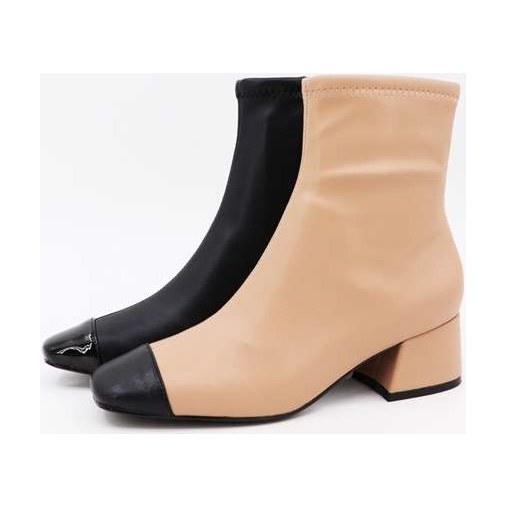 Look 031: two-tone cap-toe block-heel ankle boot