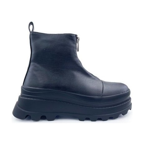 Look 047: black zip-front lug-sole ankle boot