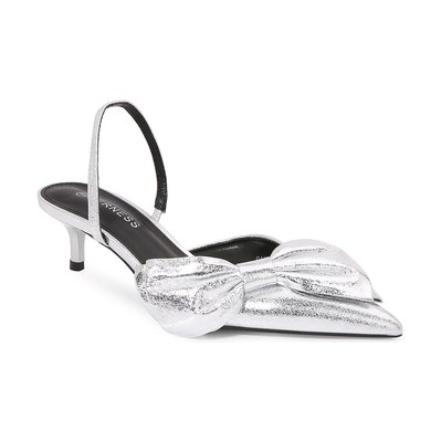 Look 051: silver metallic kitten-heel slingback with bow