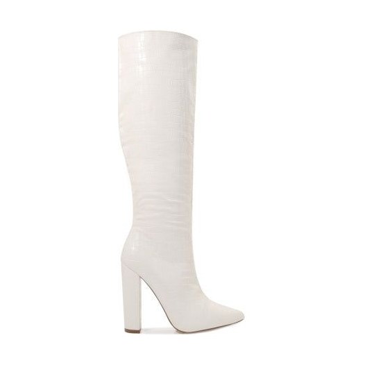 Look 065: white croc-embossed knee-high block-heel boot