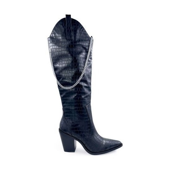 Look 069: navy croc western knee boot with chain