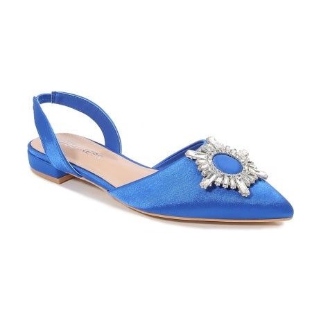 Look 094: blue satin pointed flat with jewelled brooch