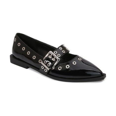 Look 100: black patent pointed flat with studded buckle straps