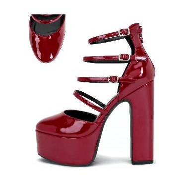 Look 112: red patent platform heel with multi straps