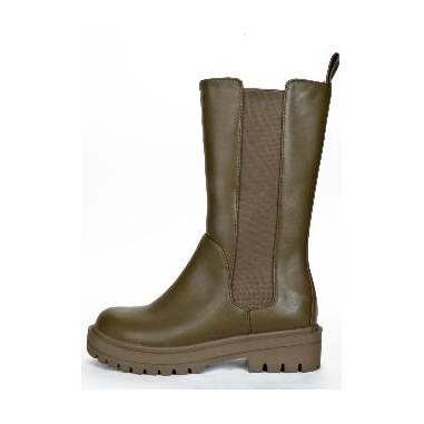 Look 117: olive tall Chelsea boot with lug sole